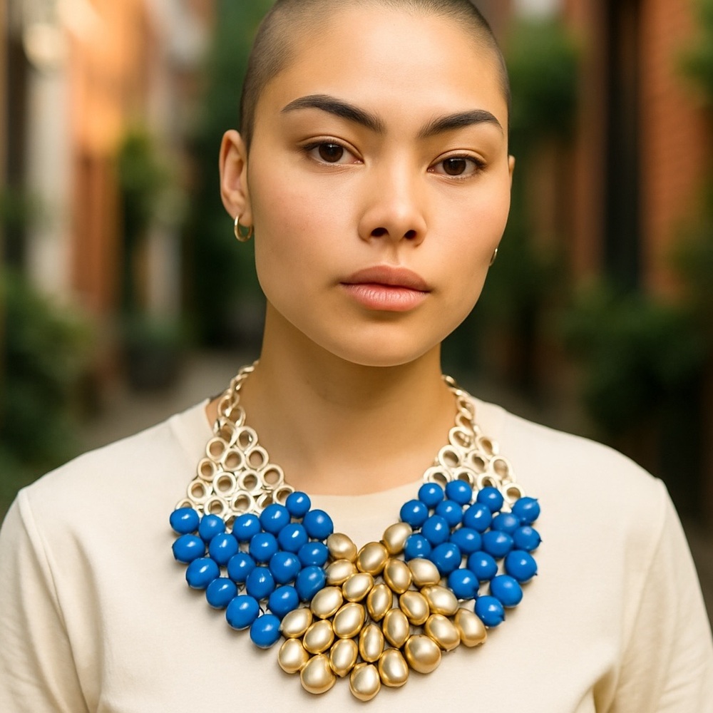 Statement  bib Necklace  gold and blue beads